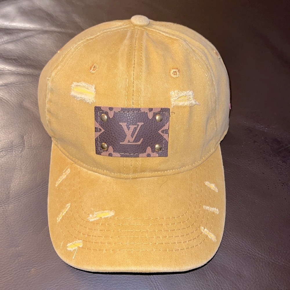 Up cycled, Hand Crafted, LV distressed Mustard Yellow hat, NWOT